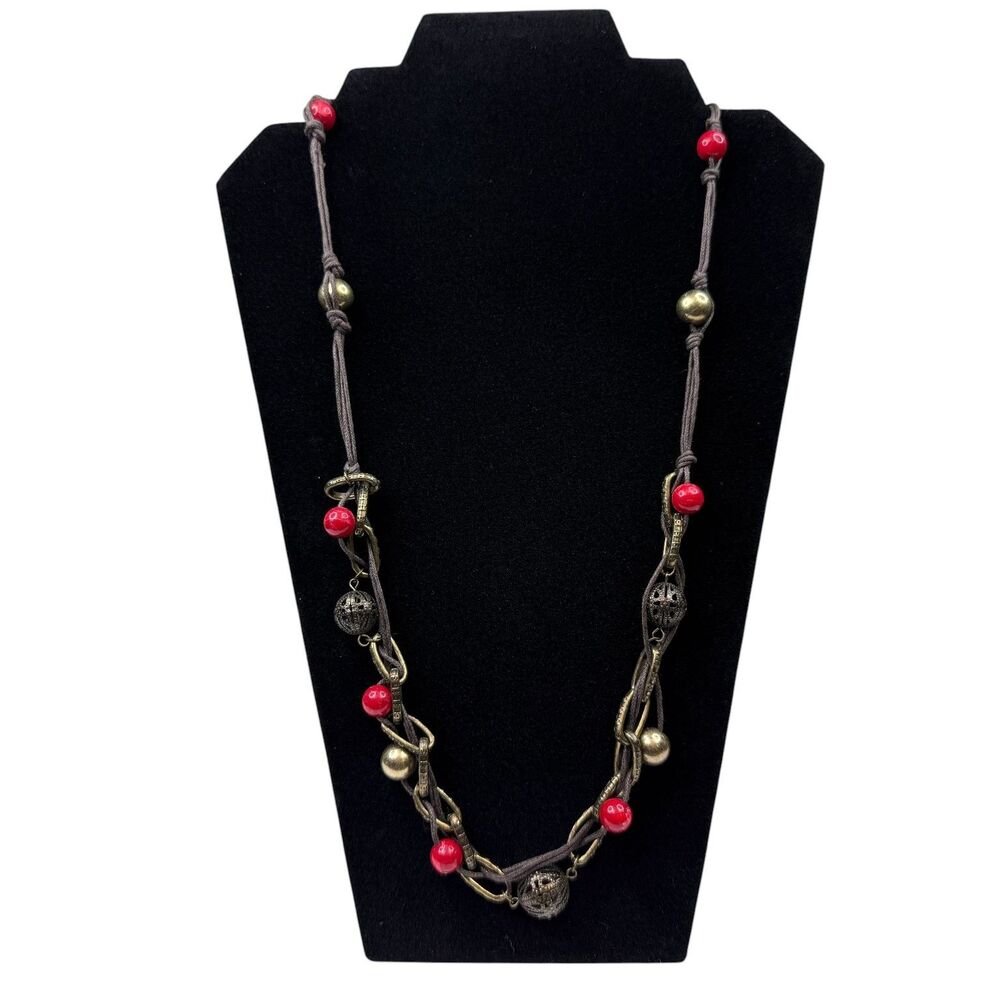 Long Fashion Necklace Red Bead Brown Cord Antique Gold Tone Metal Boho Style 25"